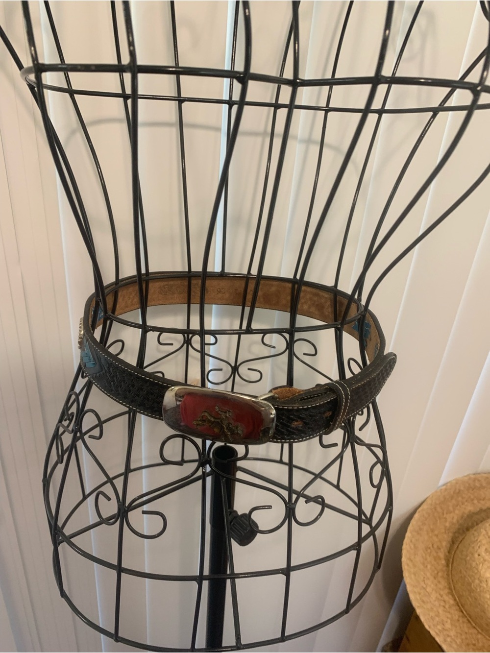 Black Leather Women's Belt with Turquoise leather and Concho Accent - Picture 2 of 7